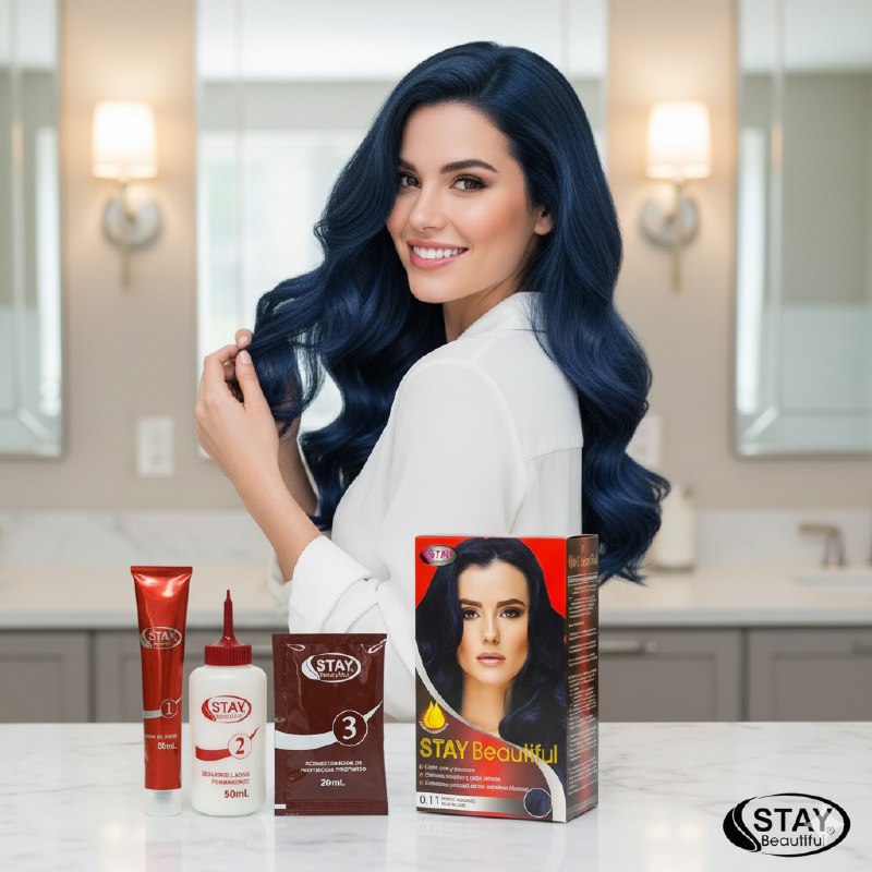 TINTE PARA EL CABELLO COLOR NEGRO AZULADO 0.11, VIVO Y DURADERO STAY BEUTIFUL 50MLX2+20ML