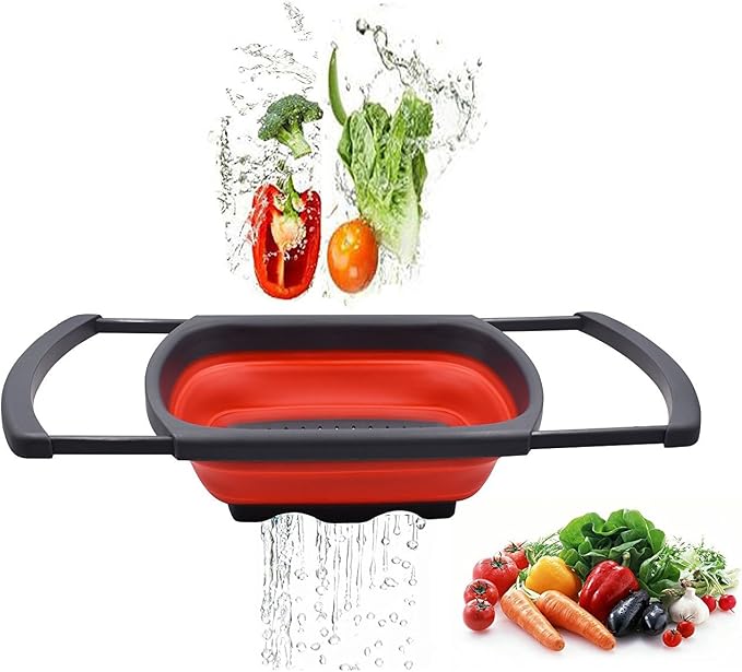 CANASTA COLADOR PLEGABLE DE SILICONA CON ASA PARA ALIMENTOS