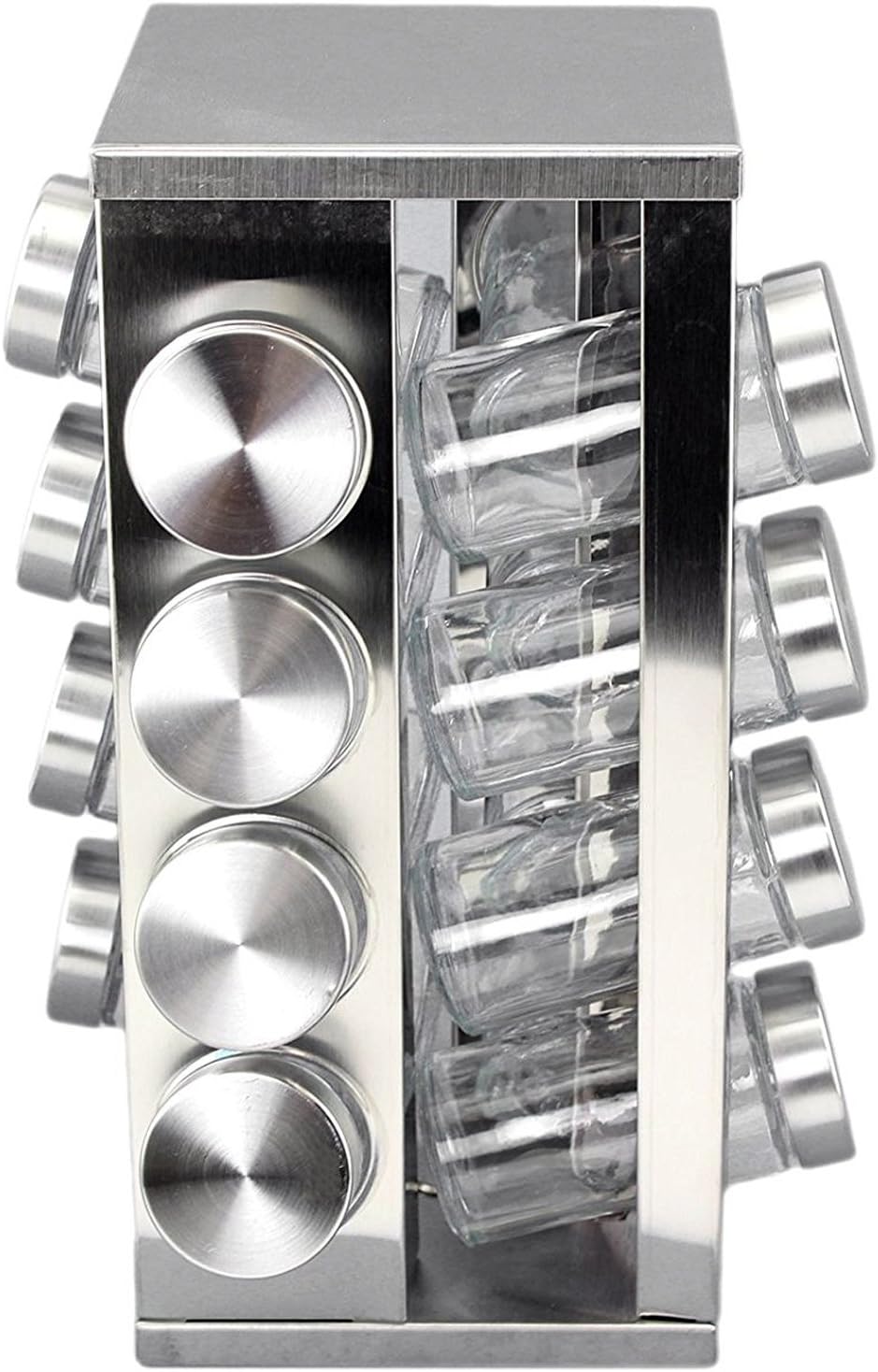 ORGANIZADOR ESPECIERO GIRATORIO CUADRADO DE ACERO INOXIDABLE DE 16 BOTES DE VIDRIO 12.7X27.3CM