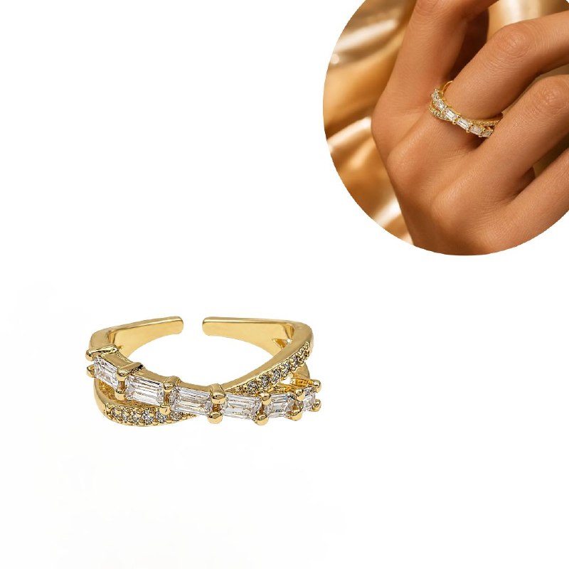 ANILLO DE ENCHAPE PARA DAMA CRUZADO CON CIRCONES BAGUETTE Y PAVÉ