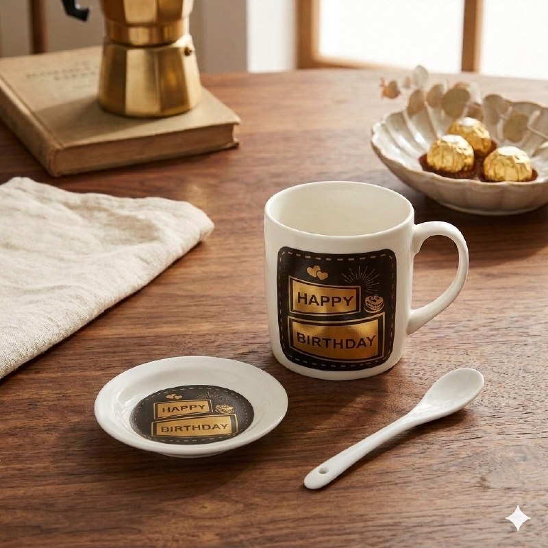 JUEGO DE TAZAS DE CERAMICA PARA REGALO CON PLATO Y CUCHARA ELEGANTES Y RESISTENTES