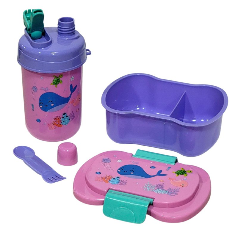LONCHERA EN KIT CON SEPARADOR, CUBIERTO Y BOTE 3 COLORES Y DISEÑOS