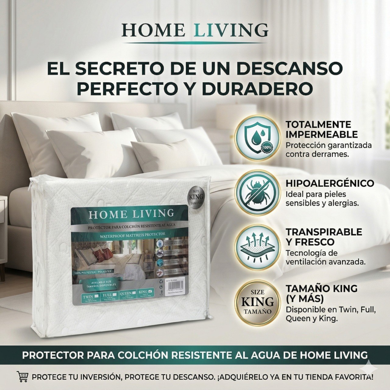 PROTECTOR DE COLCHON IMPERMEABLE TAMAÑO KING HOME LIVING 198X203+35CM