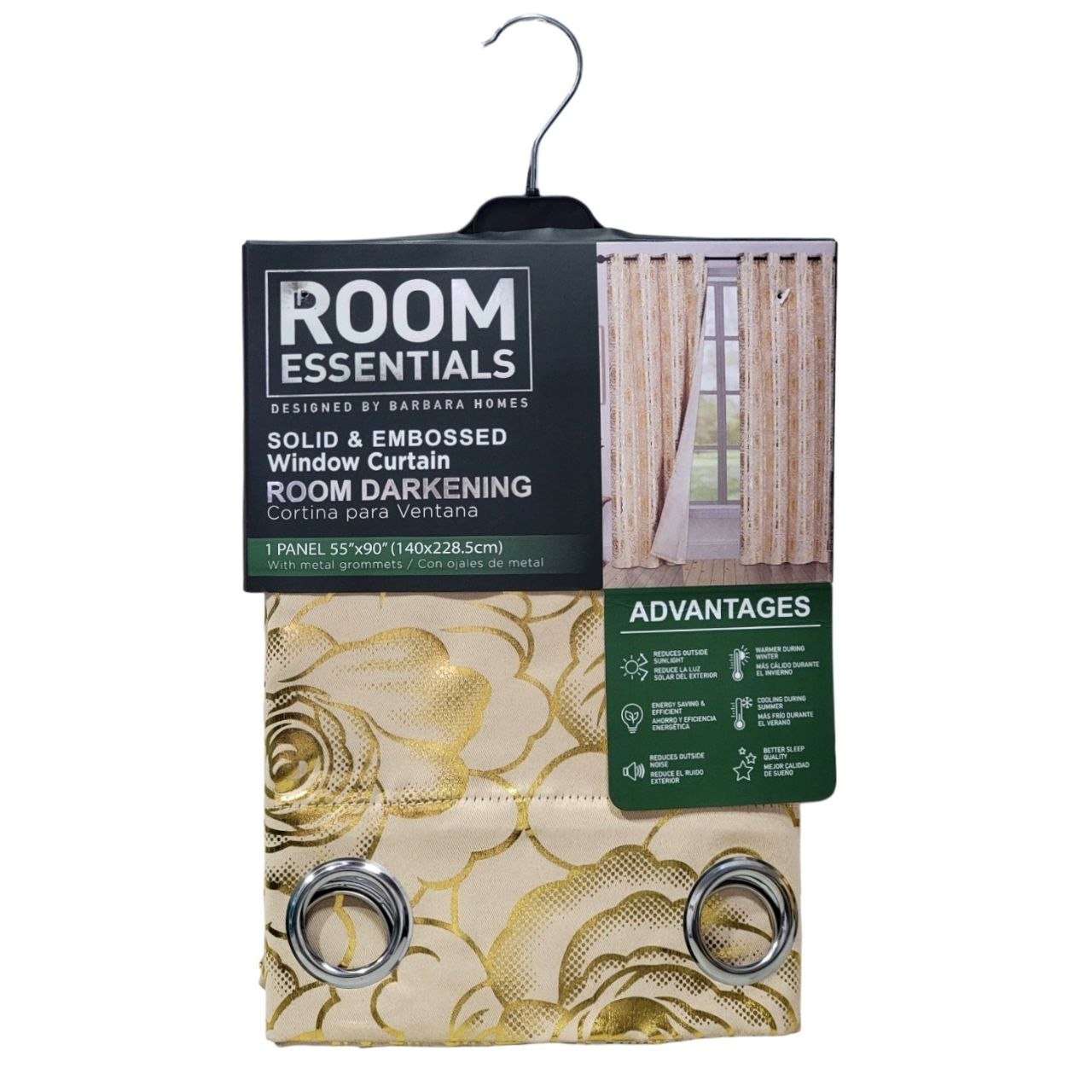 CORTINA DE VENTANA OSCURECEDORA BLACKOUT COLOR DORADO CON DISEÑO DE ROSAS ROOM ESSENTIALS 140X228.5CM