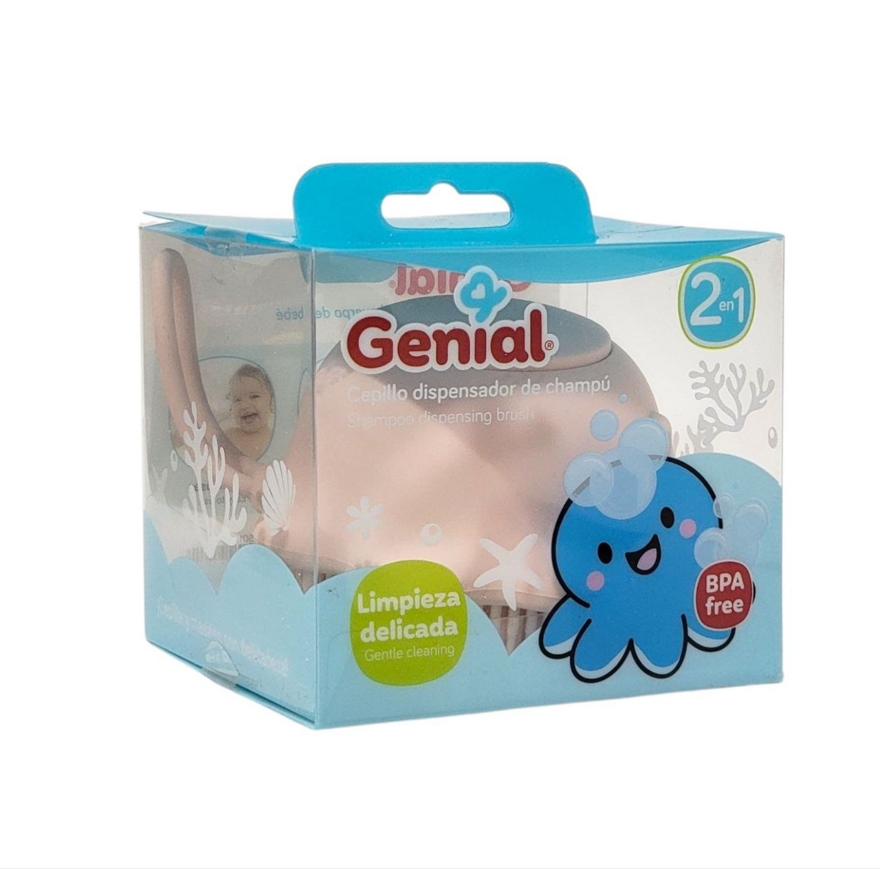 CEPILLO DE BAÑO CON DISPENSADOR DE SHAMPOO PARA BEBES GENIAL