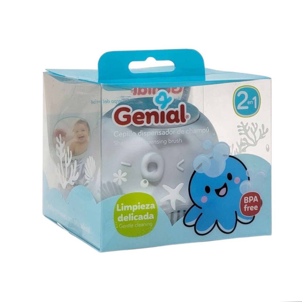 CEPILLO DE BAÑO CON DISPENSADOR DE SHAMPOO PARA BEBES GENIAL