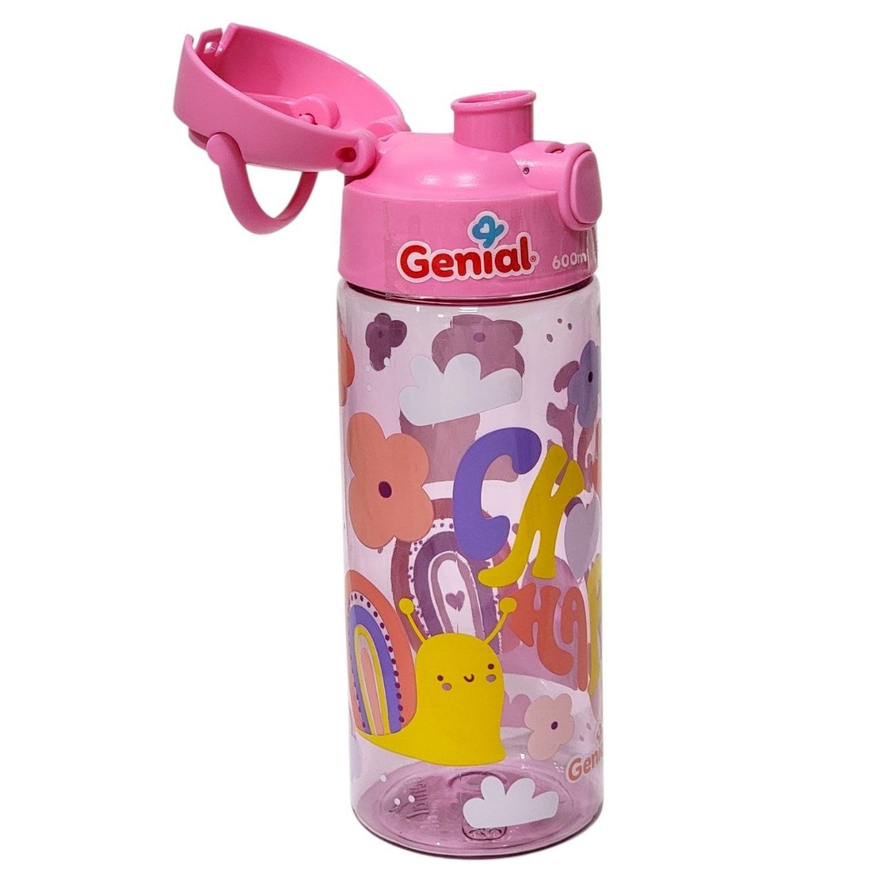 BOTELLA PLASTICA INFANTIL PORTATIL CON BOTON DE APERTURA GENIAL 600ML