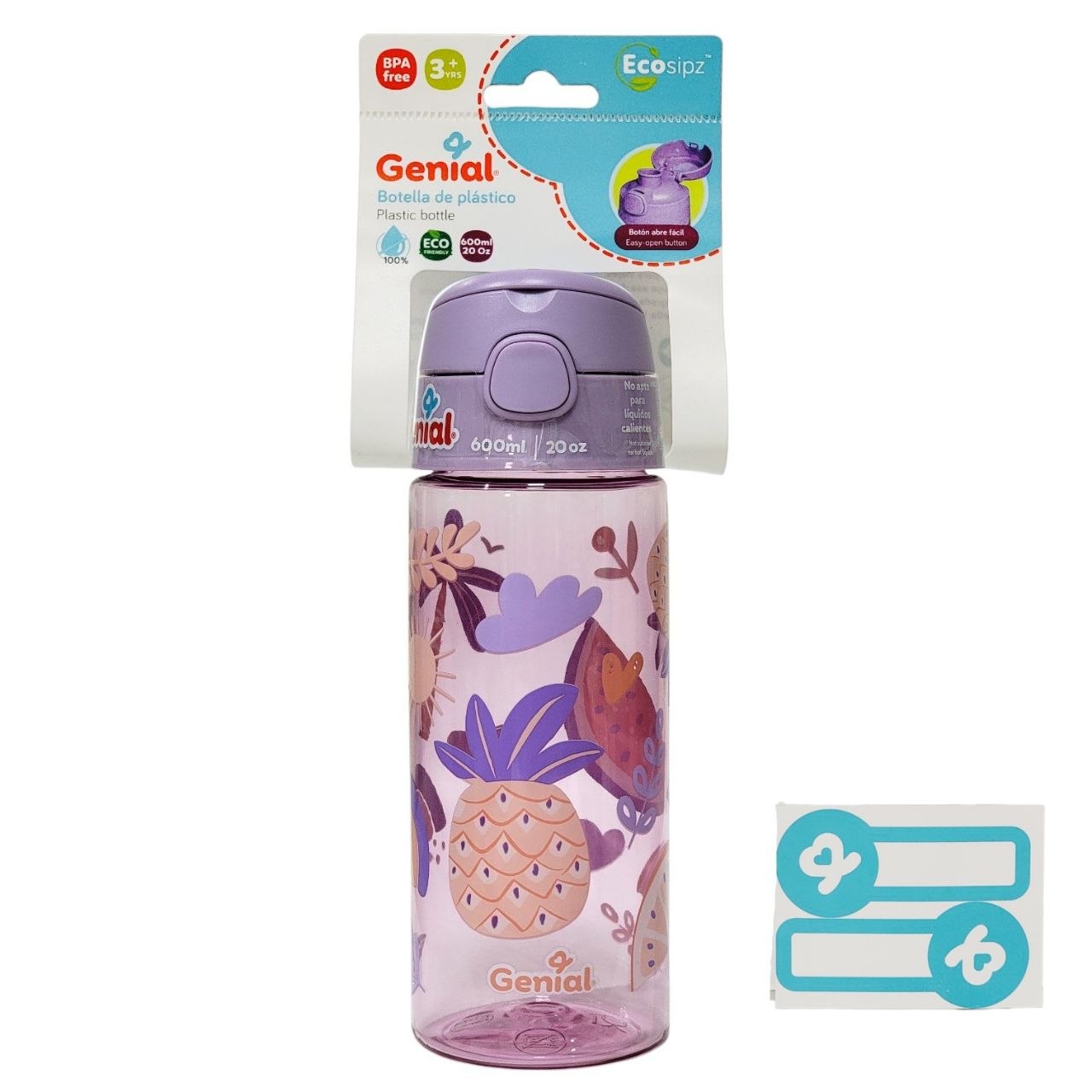 BOTELLA PLASTICA INFANTIL PORTATIL CON BOTON DE APERTURA GENIAL 600ML