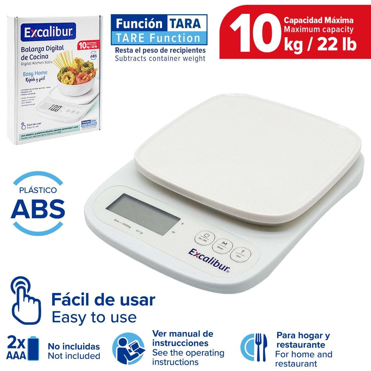 BASCULA DIGITAL DE COCINA DE ALTA PRECISION EXCALIBUR 16.5X20.5X4CM