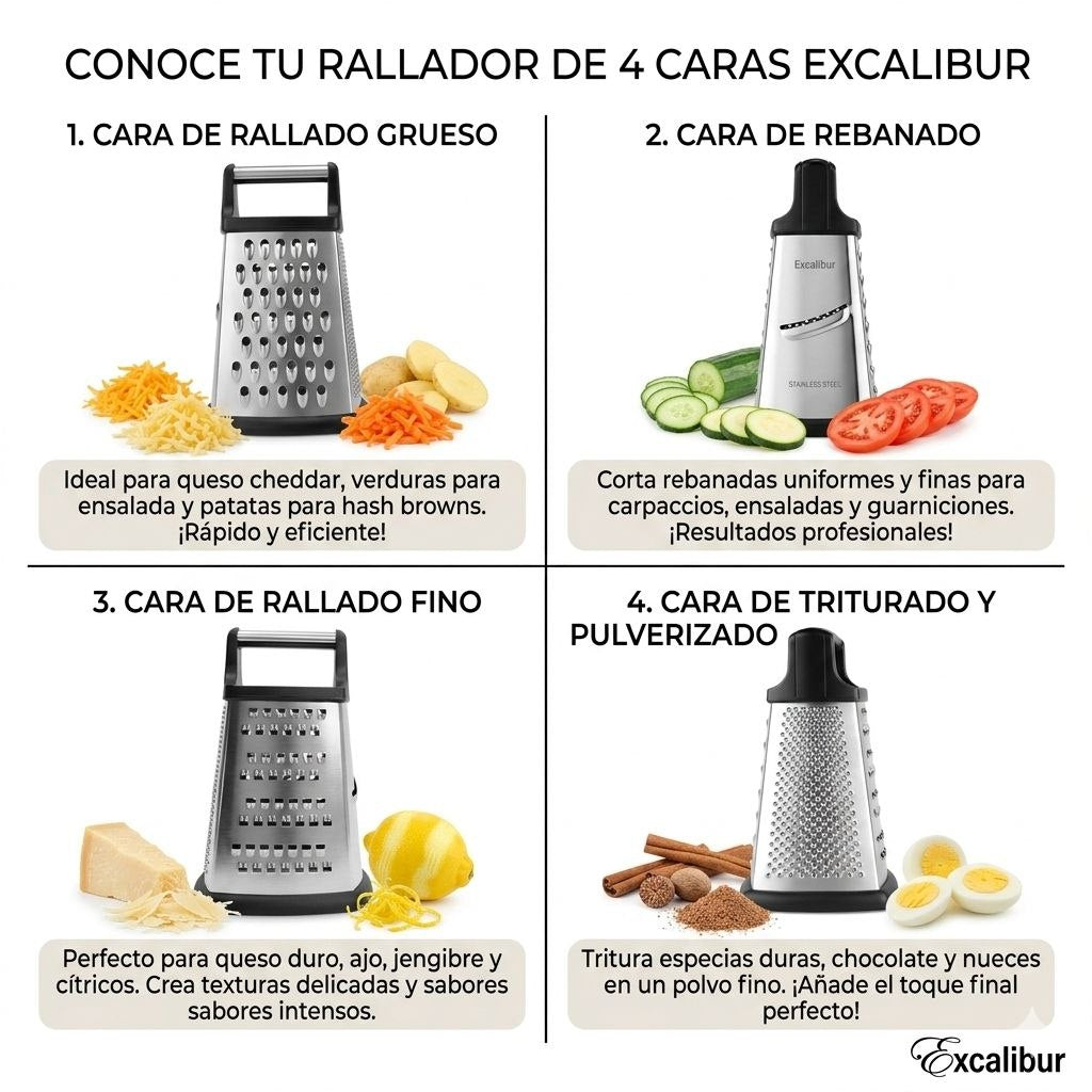 RALLADOR DE COCINA CON 4 CARAS DE ACERO INOXIDABLE EXCALIBUR 21X10CM