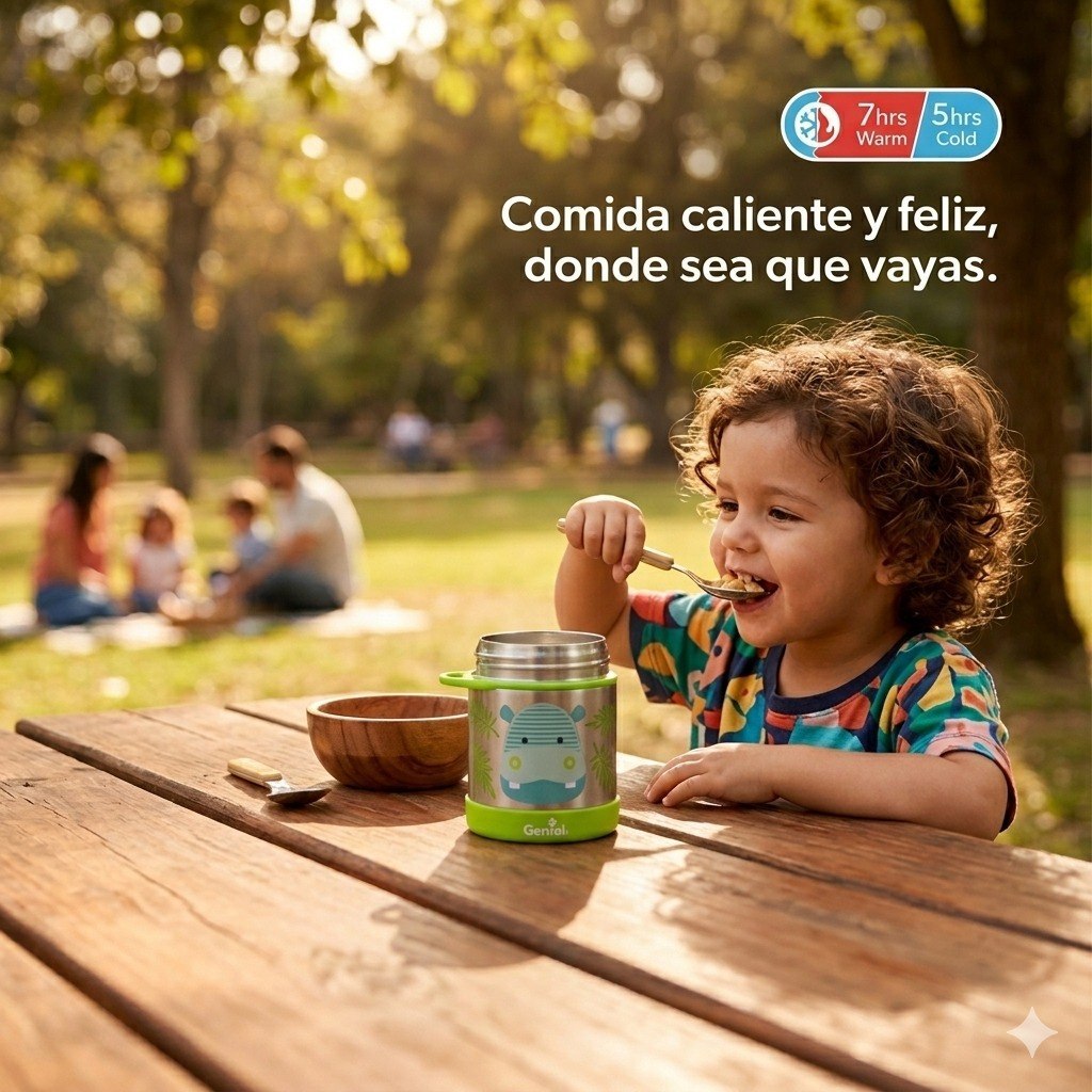 RECIPIENTE TERMO PARA ALIMENTOS DE ACERO INOXIDABLE CON CUCHADOR INFANTIL GENIAL 350ML