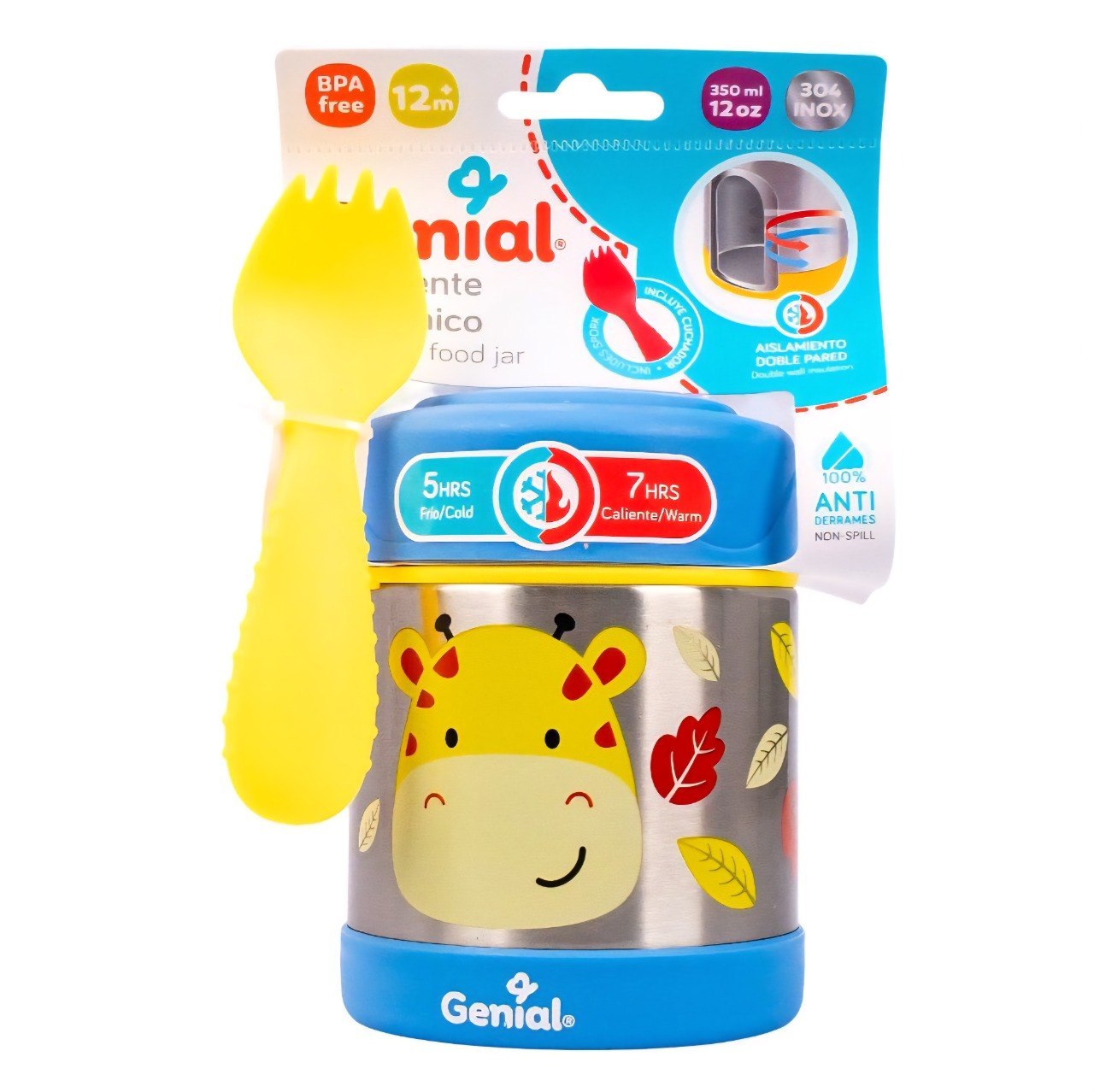 RECIPIENTE TERMO PARA ALIMENTOS DE ACERO INOXIDABLE CON CUCHADOR INFANTIL GENIAL 350ML