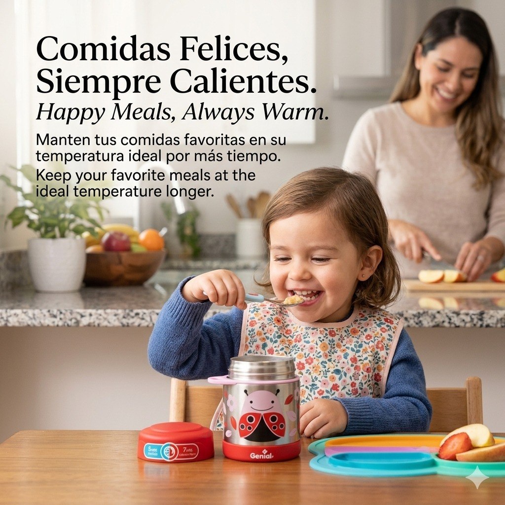 RECIPIENTE TERMO PARA ALIMENTOS DE ACERO INOXIDABLE CON CUCHADOR INFANTIL GENIAL 350ML