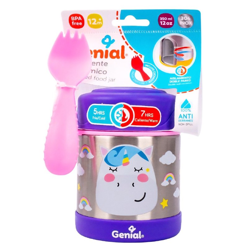 RECIPIENTE TERMO PARA ALIMENTOS DE ACERO INOXIDABLE CON CUCHADOR INFANTIL GENIAL 350ML
