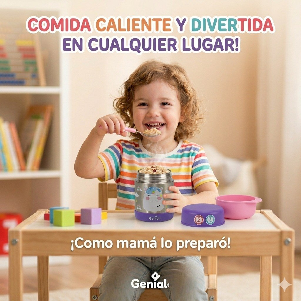 RECIPIENTE TERMO PARA ALIMENTOS DE ACERO INOXIDABLE CON CUCHADOR INFANTIL GENIAL 350ML