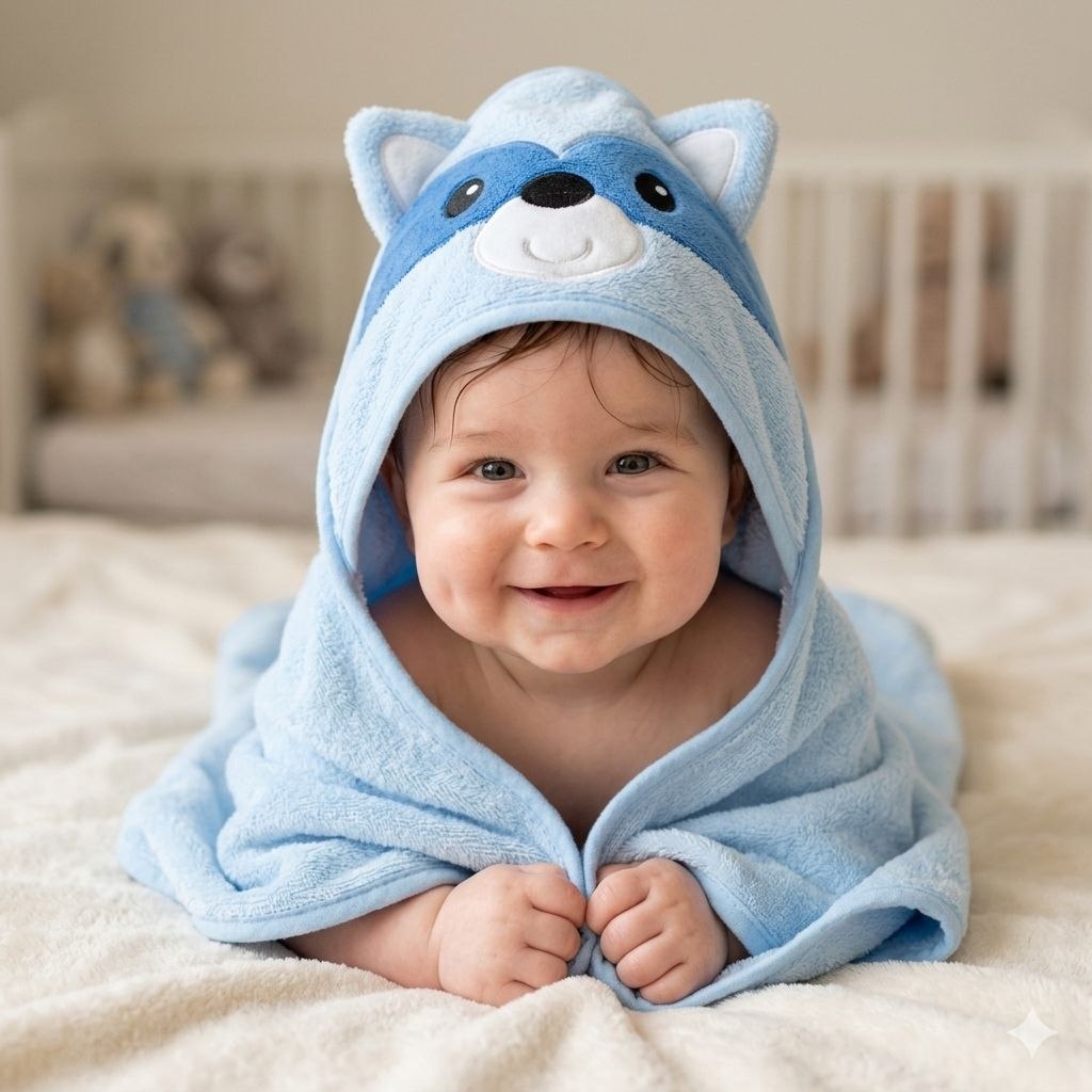 TOALLA DE BAÑO PARA BEBE DE ALGODON NATURAL CON CAPUCHA GENIAL 76X76CM