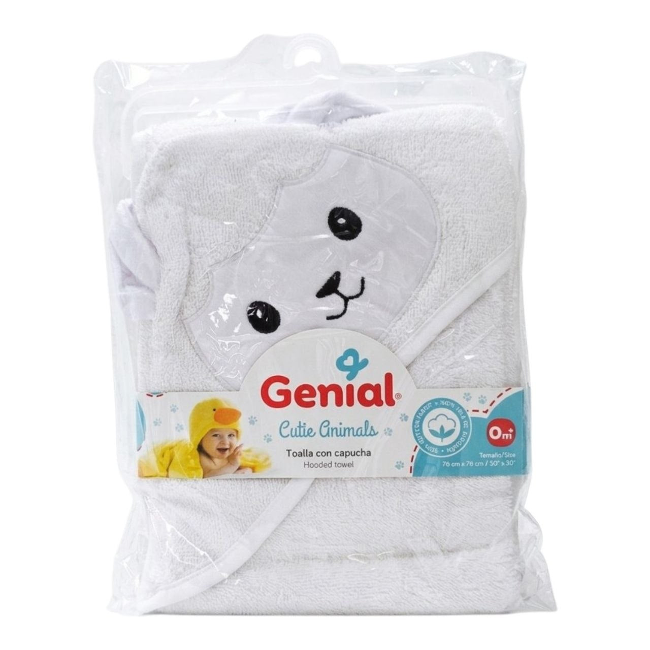 TOALLA DE BAÑO PARA BEBE DE ALGODON NATURAL CON CAPUCHA GENIAL 76X76CM