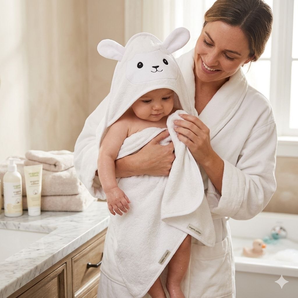 TOALLA DE BAÑO PARA BEBE DE ALGODON NATURAL CON CAPUCHA GENIAL 76X76CM