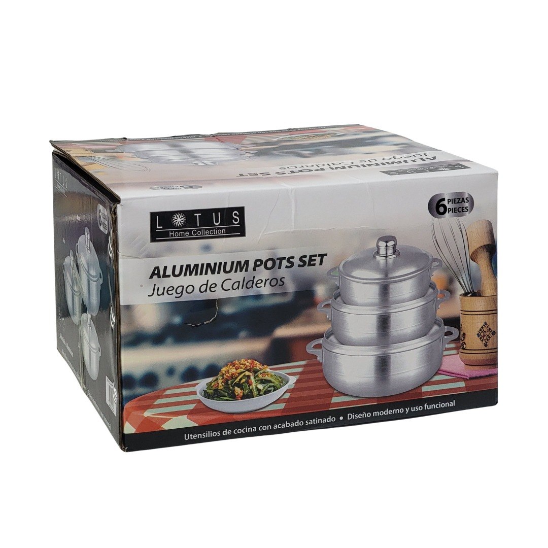 SET DE CALDEROS DE ALUMINIO CON ACABADO SATINADO CON TAPAS 6PCS LOTUS