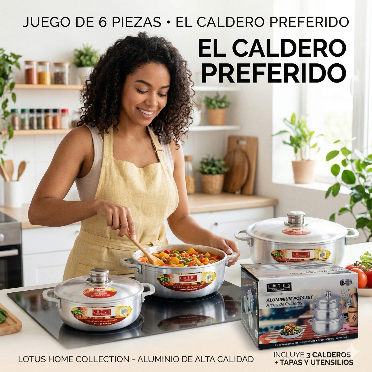 SET DE CALDEROS DE ALUMINIO CON ACABADO SATINADO CON TAPAS 6PCS LOTUS