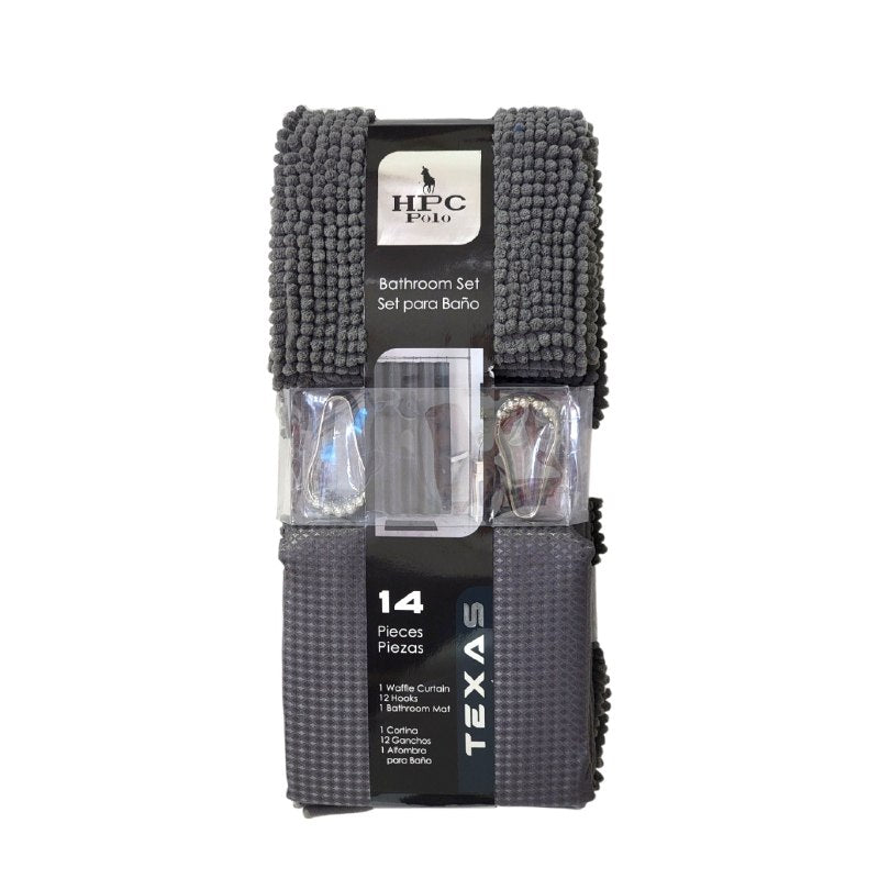 SET DE BAÑO DE ALFOMBRA Y CORTINA COLOR GRIS 14PCS HPC POLO
