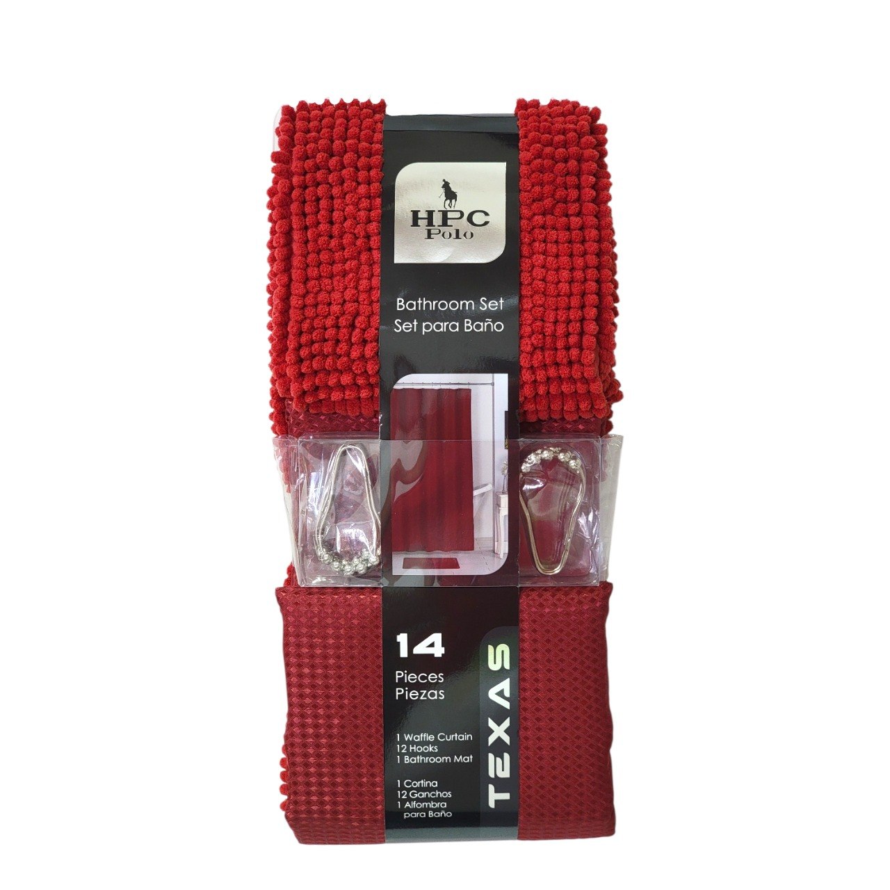 SET DE BAÑO DE ALFOMBRA Y CORTINA COLOR ROJO 14PCS HPC POLO