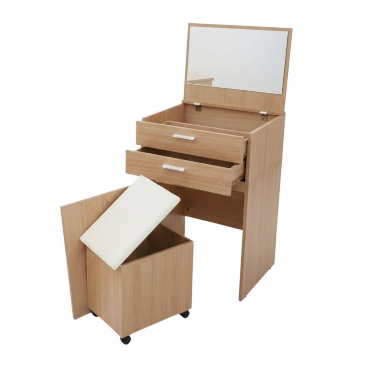 TOCADOR COMPACTO MULTIUSO CON ESPEJO ABATIBLE DE MADERA CLARA 62.5X45X15.5CM