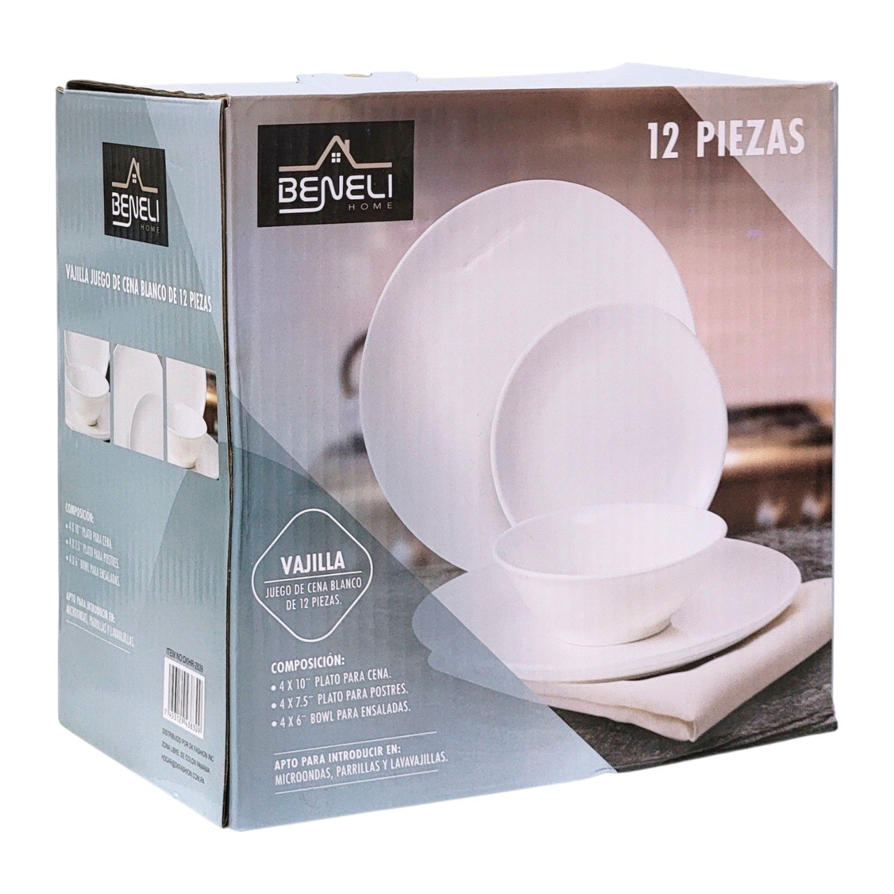 SET DE PLATOS VAJILLA BLANCO DE PORCELANA 12PCS BENELI HOME