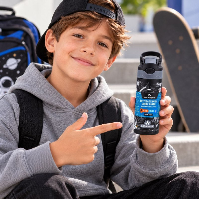 BOTELLA TERMICA DE DOBLE PARED CON ASA PARA NIÑOS EXCALIBUR 350ML