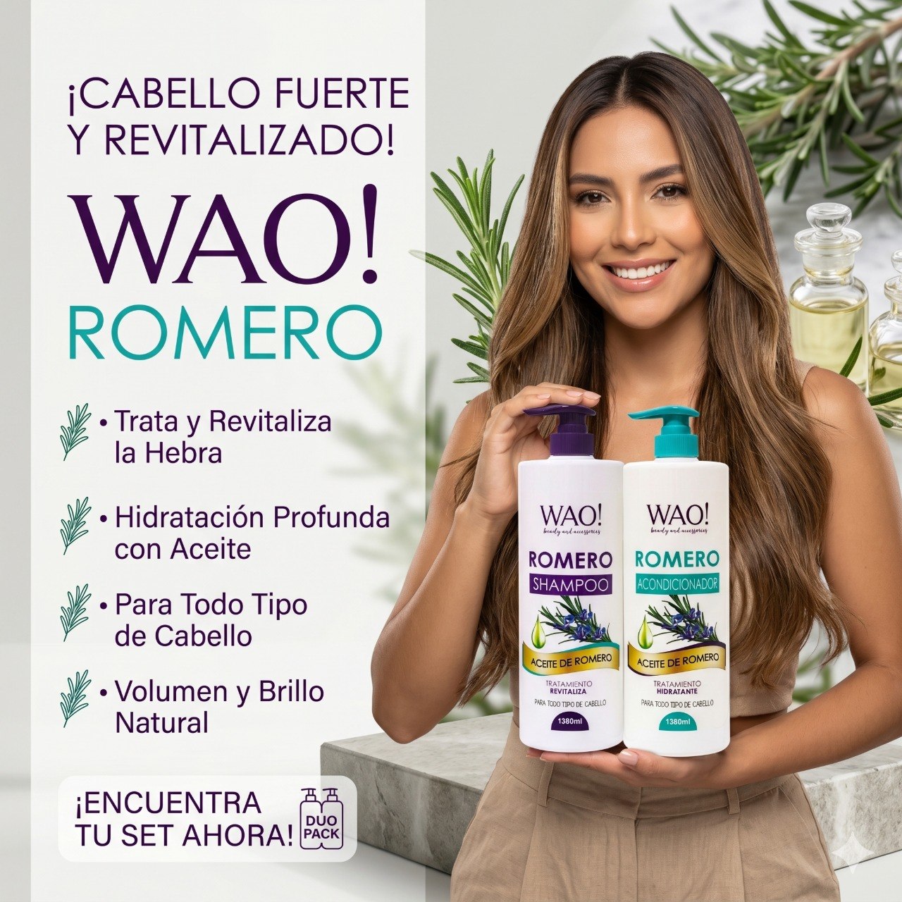 SET DE SHAMPOO Y ACONDICIONADOR ANTICAIDA Y ESTIMULANTE CON ACEITE DE ROMERO WAO BEAUTY 1380MLX2