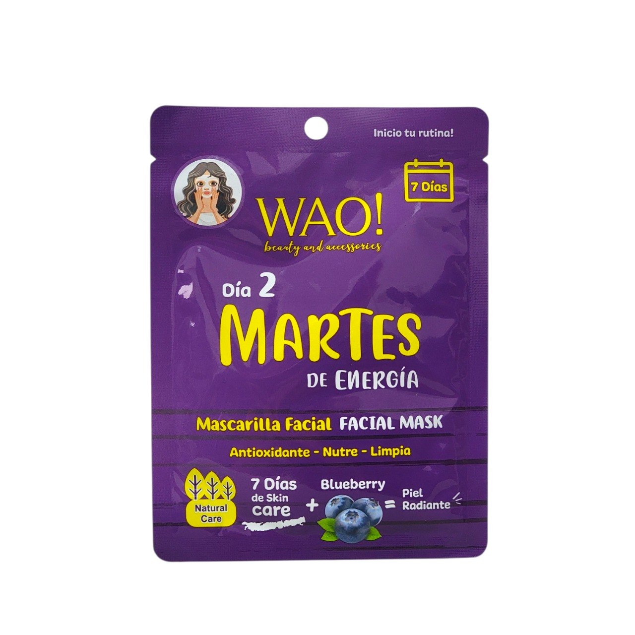 MASCARILLA FACIAL DIA 2 MARTES DE ENERGIA DE ARANDANO ANTIOXIDANTE WAO! 25G