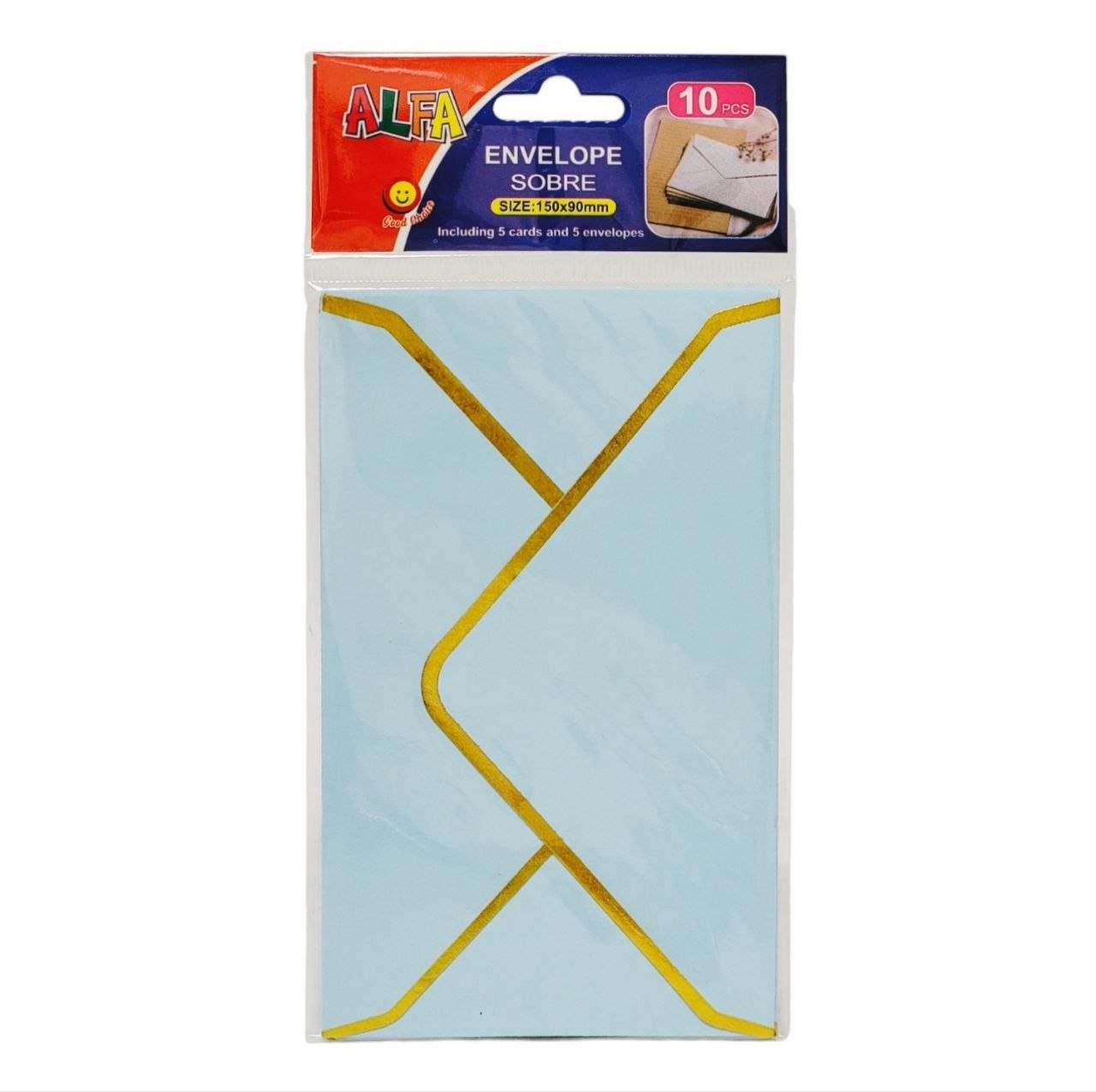 SET DE TARJETAS Y SOBRES CON BORDES DORADOS 10UND ALFA 150X90MM