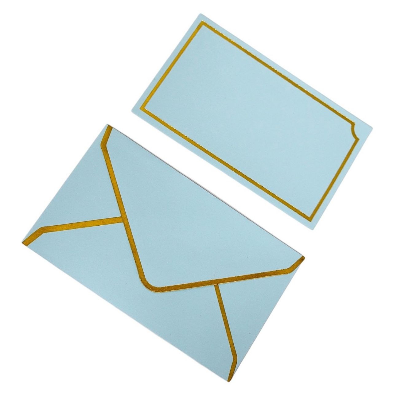 SET DE TARJETAS Y SOBRES CON BORDES DORADOS 10UND ALFA 150X90MM