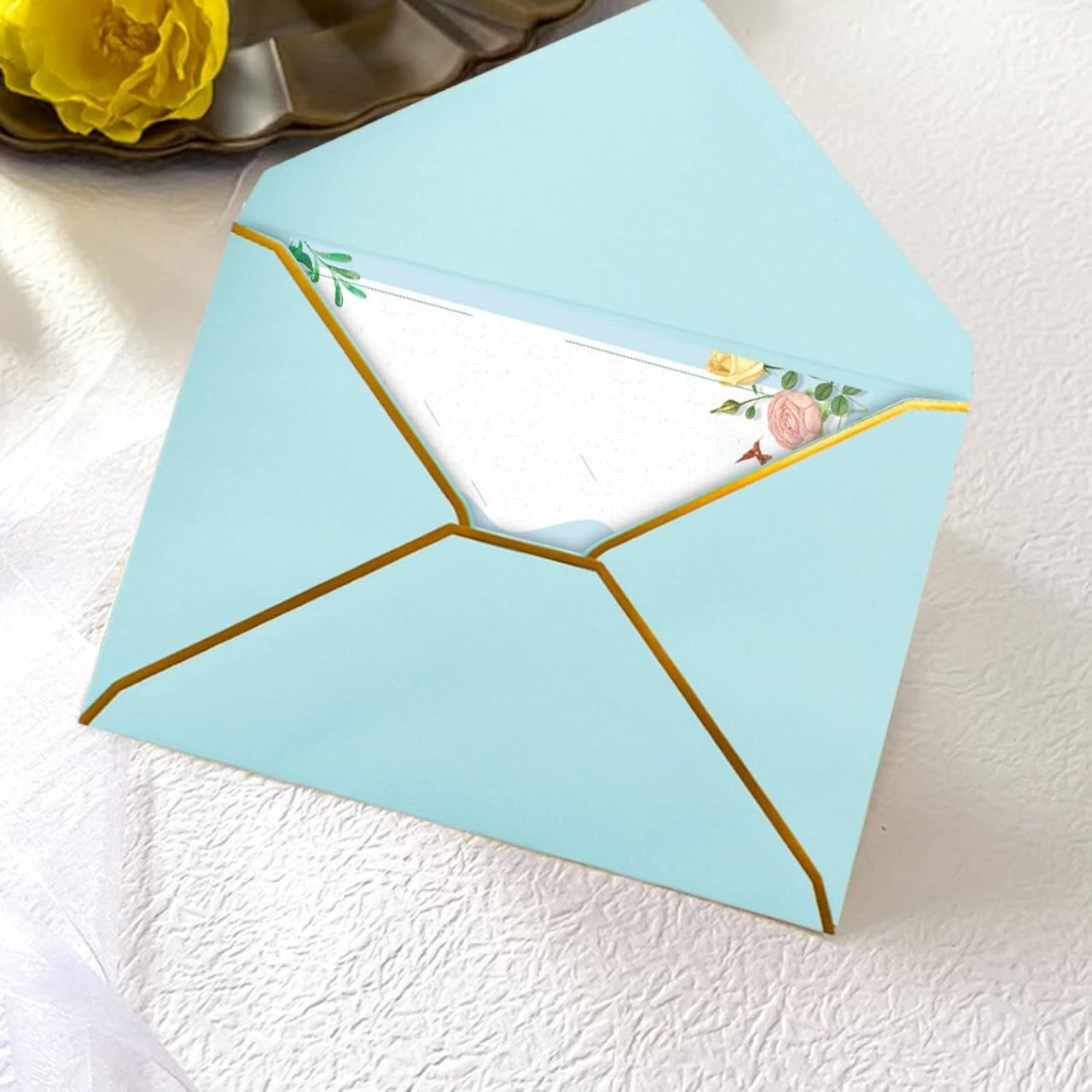 SET DE TARJETAS Y SOBRES CON BORDES DORADOS 10UND ALFA 150X90MM