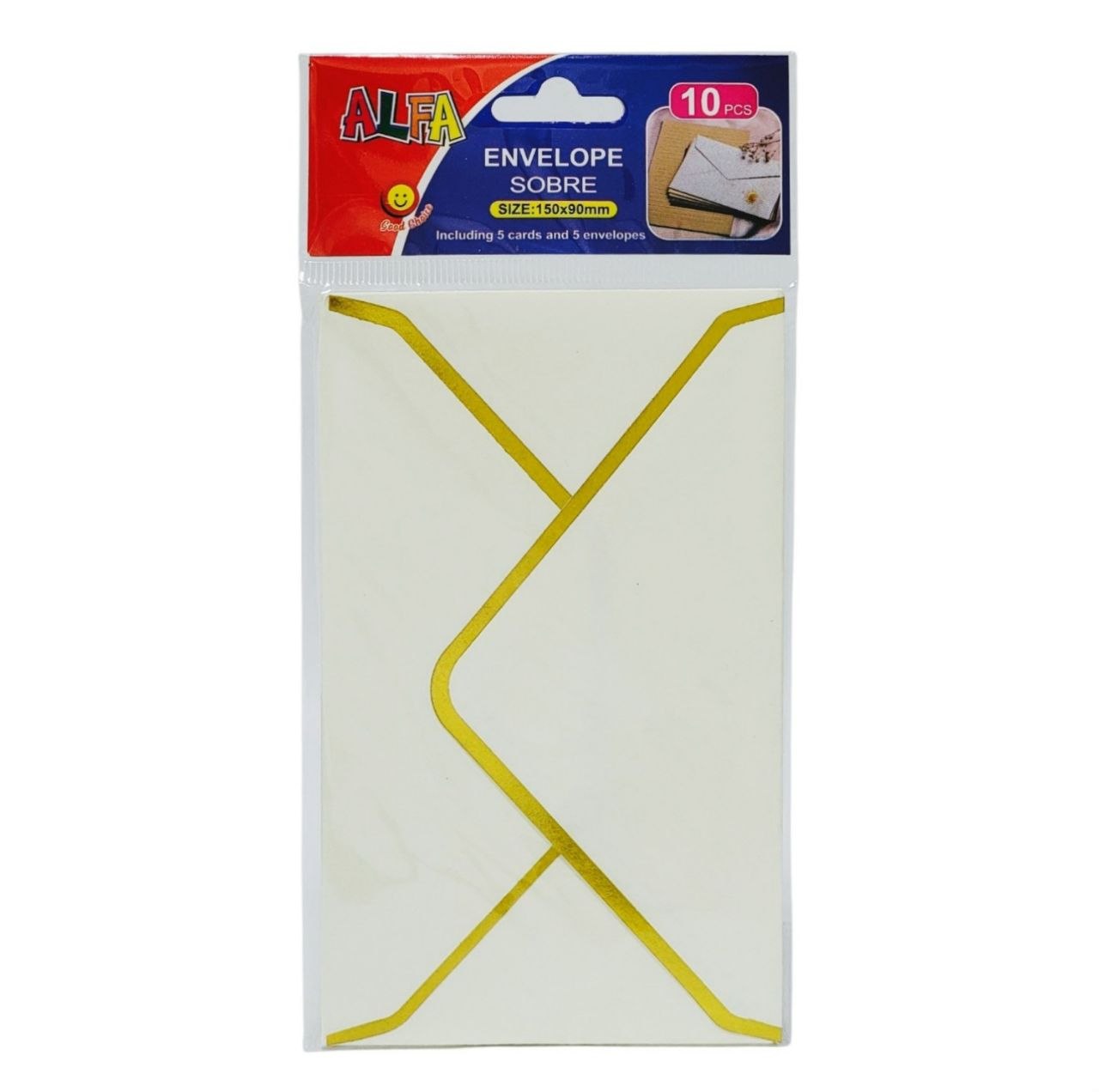 SET DE TARJETAS Y SOBRES CON BORDES DORADOS 10UND ALFA 150X90MM
