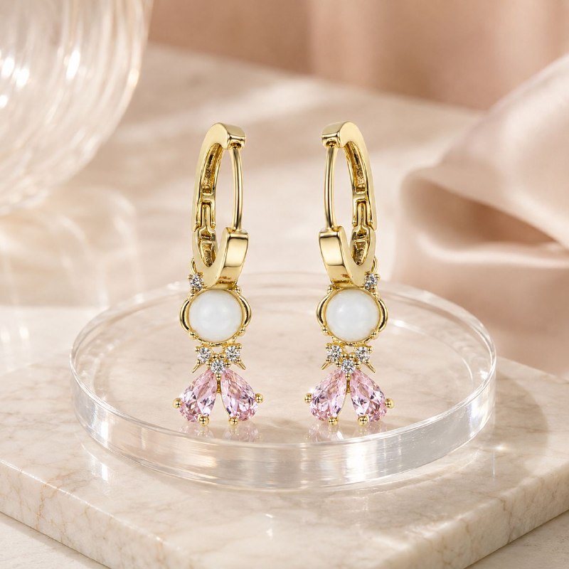 ARGOLLAS DE ENCHAPE PARA DAMA CON DISEÑO VESTIDO PERLA Y PIEDRAS ROSADAS 3CM