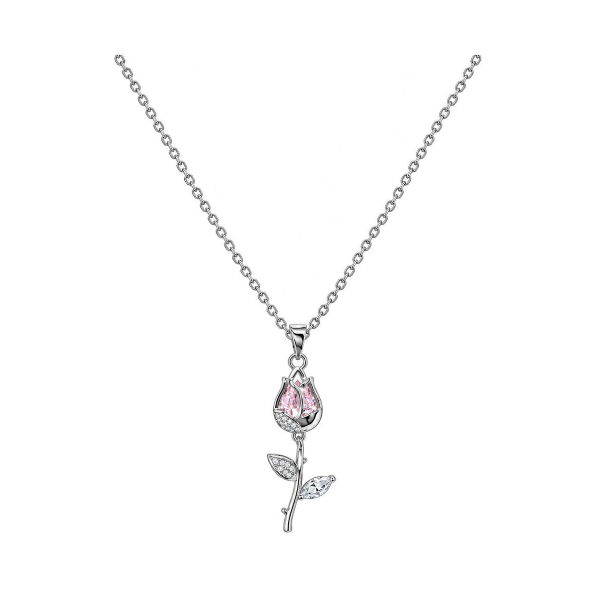 GARGANTILLA DE ENCHAPE PARA DAMA CON DISEÑO DE ROSA ROSADA Y TALLO PLATEADO 3CM