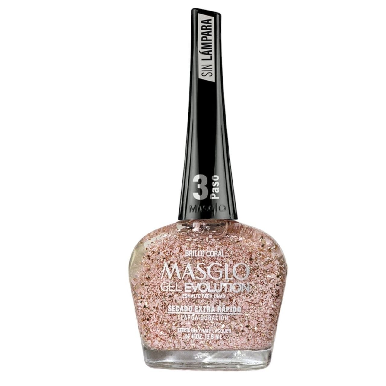 ESMALTE PARA UÑAS DE SECADO RAPIDO BRILLO CORAL MASGLO 13.5ML PASO 3