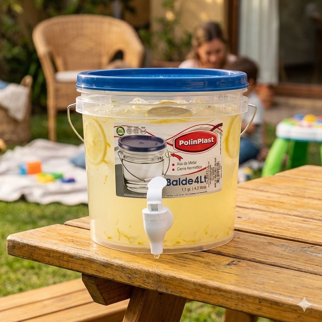 RECIPIENTE BALDE PARA LIQUIDOS CON DISPENSADOR ASA DE METAL Y CIERRE HERMETICO POLINPLAST 4L