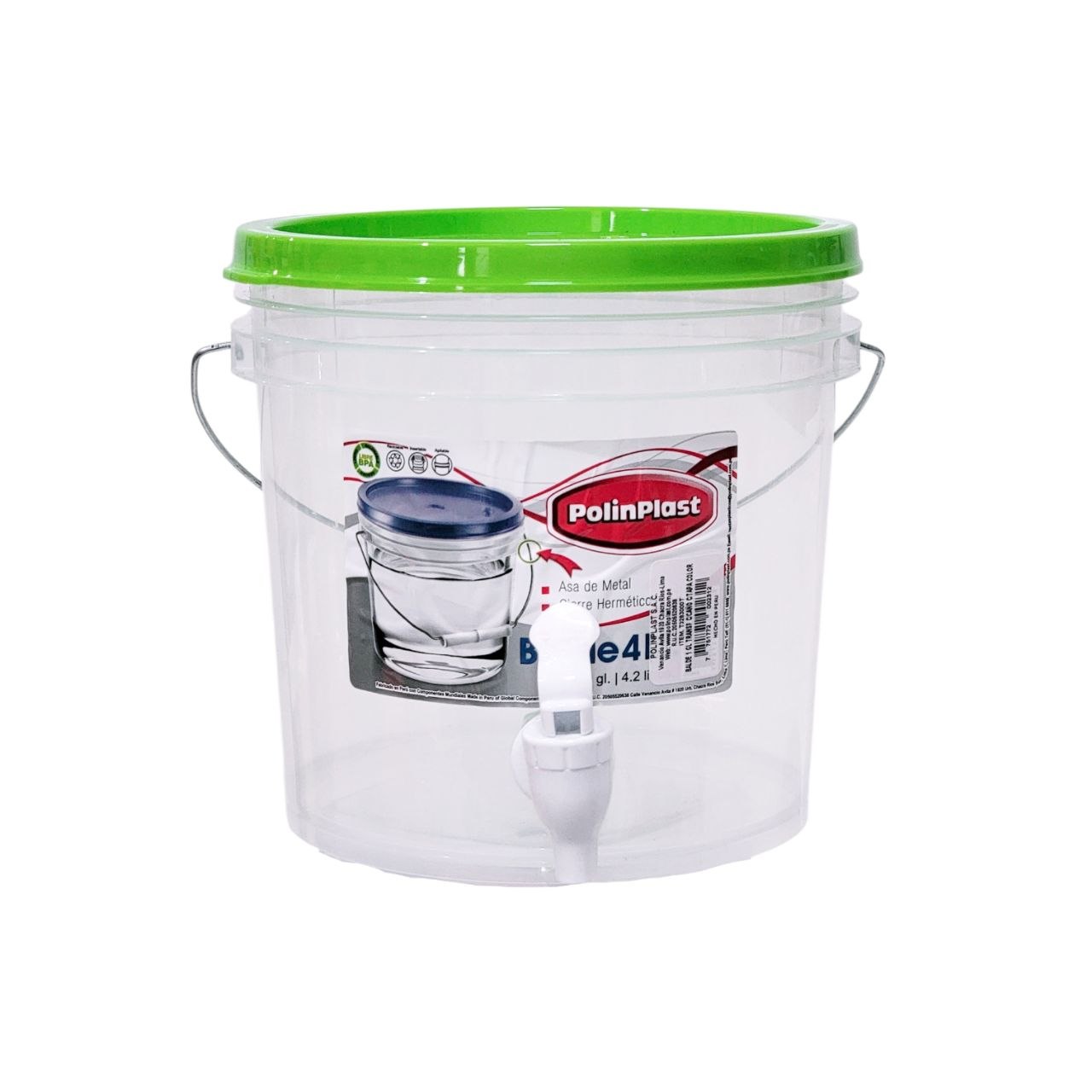 RECIPIENTE BALDE PARA LIQUIDOS CON DISPENSADOR ASA DE METAL Y CIERRE HERMETICO POLINPLAST 4L