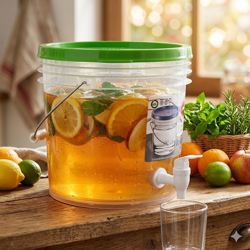 RECIPIENTE BALDE PARA LIQUIDOS CON DISPENSADOR ASA DE METAL Y CIERRE HERMETICO POLINPLAST 4L