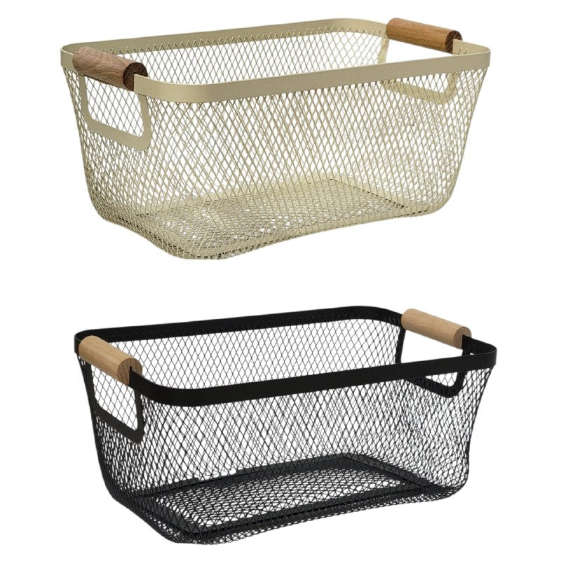 CANASTA CESTA ORGANIZADORA PORTATIL DE METAL CON ASAS DE MADERA ELEGANTE 30X18X14CM