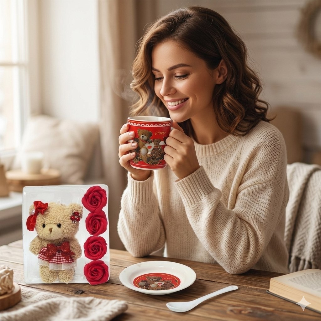 SET DE TAZA DE REGALO DE DIA DE LA MADRE CON OSO DE PELUCHE 4PCS BENELI HOME