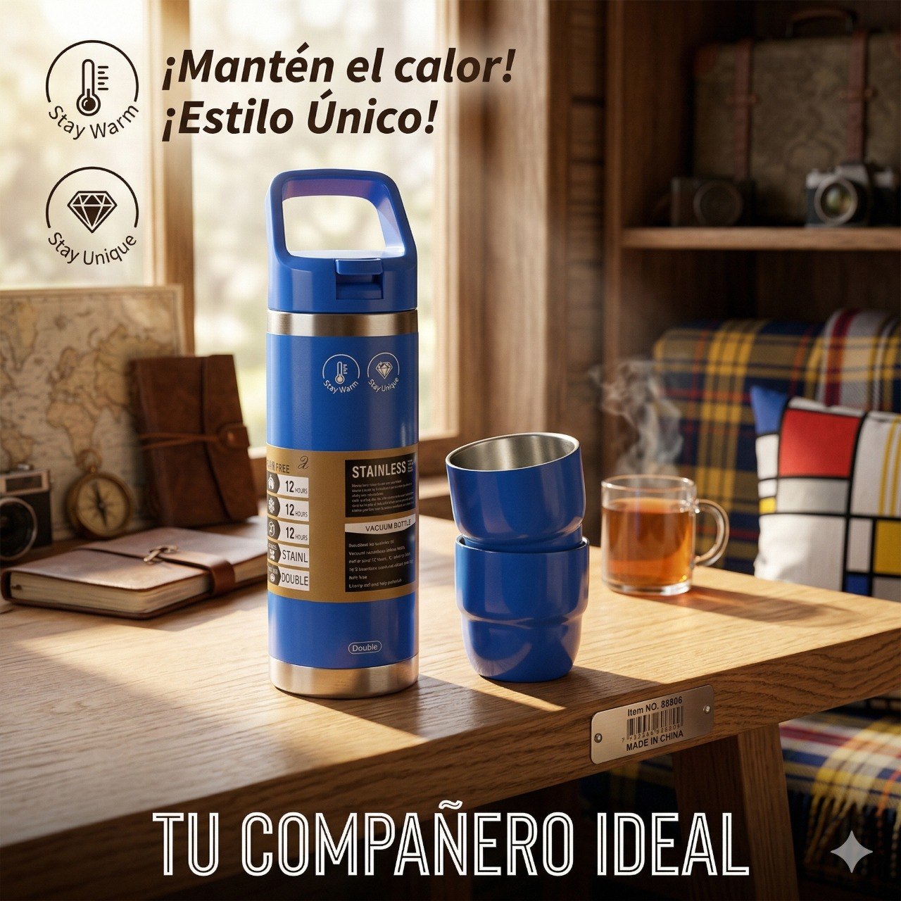 SET DE TERMO Y TAZAS DE VIAJE DE ACERO INOXIDABLE 3PCS 500ML