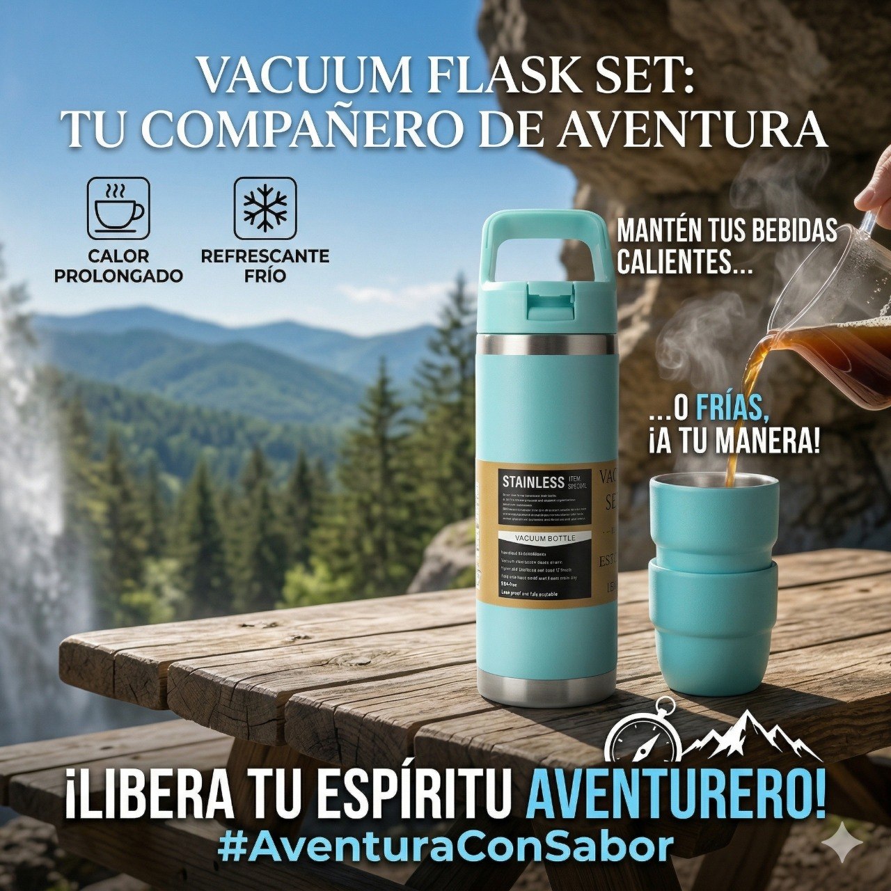SET DE TERMO Y TAZAS DE VIAJE DE ACERO INOXIDABLE 3PCS 500ML