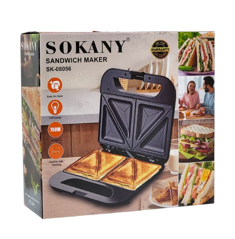 MAQUINA SANWICHERA SK-08056, RECUBRIMIENTO ANTIADHERENTE DE PLASTICO RESISTENTE AL CALOR, INDICADOR DE ENCENDIDO, 750W FUERZA, CALEFACCION DOBLE SOKANY