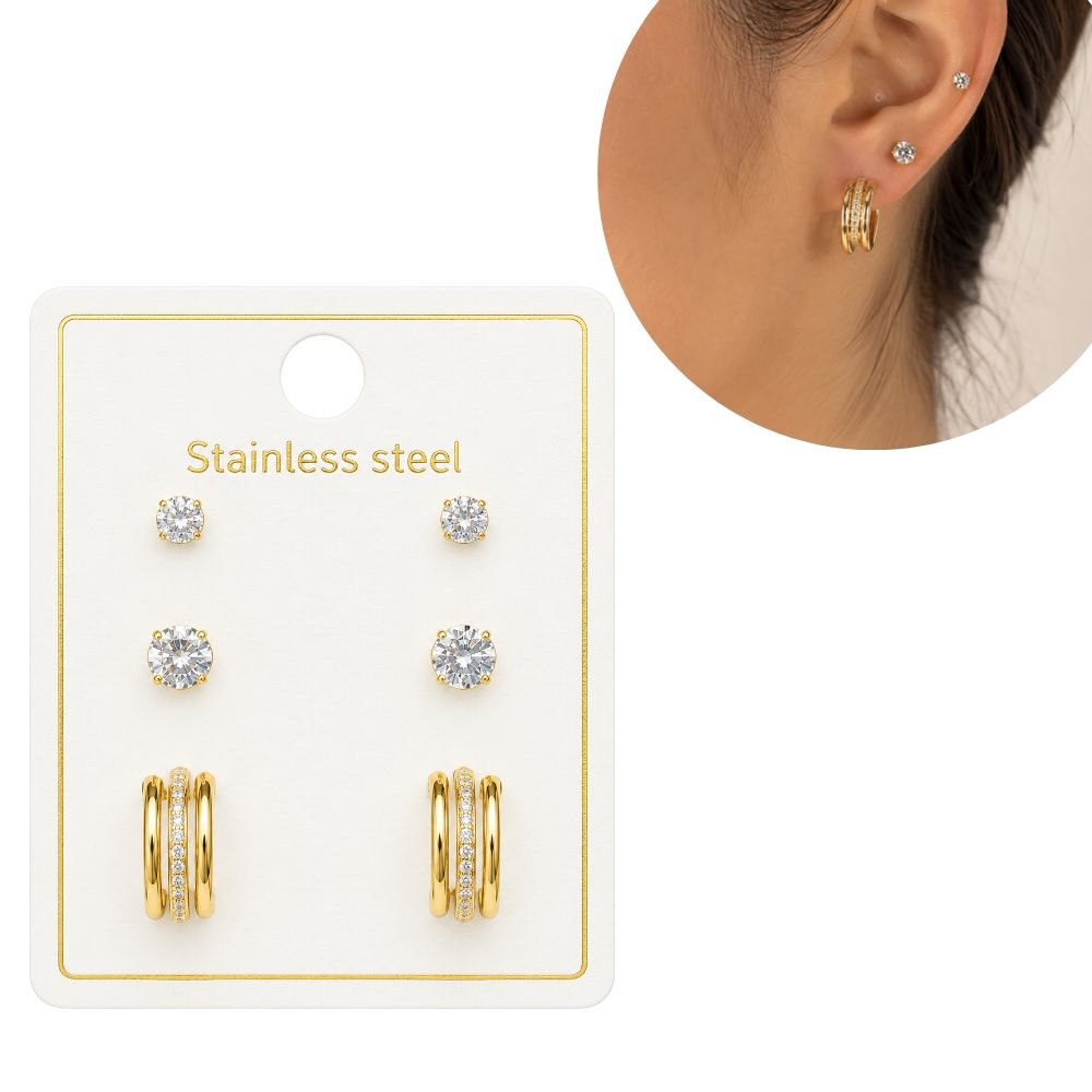 SET DE ARETES ENCHAPE PARA DAMA TRIPLE PAR CON AROS TRIPLE BANDA Y TOPOS DE CIRCÓN