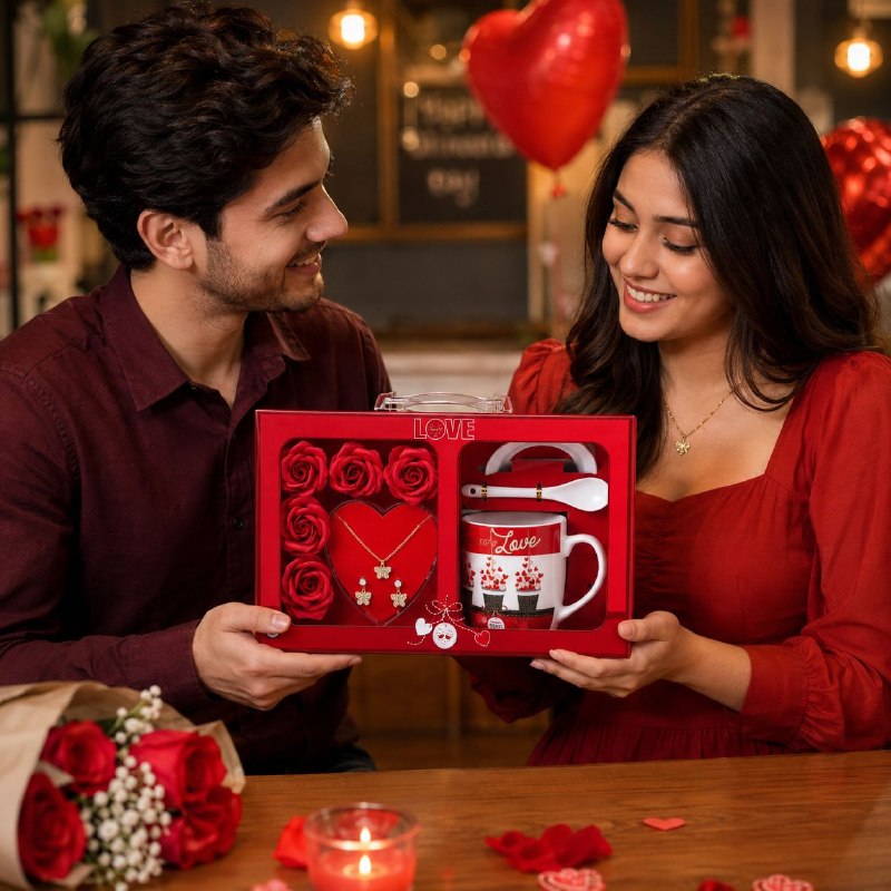 SET DE REGALO DE 9 PIEZAS LOVE (TAZA, PLATO, CUCHARA, SET DE JOYERÍA Y ROSAS) 1 UND