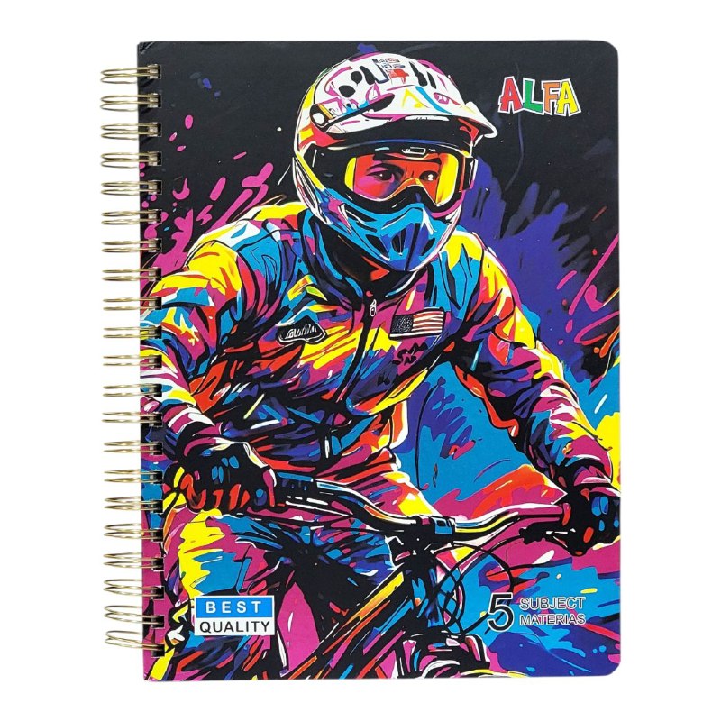 CUADERNO LIBRETA DE ESPIRAL RAYADO DE 5 MATERIAS, 4 DISEÑO 21X28CM ALFA