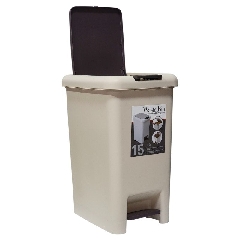 BASURERO CESTA PARA BASURA DE PLASTICO CON TAPA Y PEDAL COLOR BEIGE CON CAPACIDAD DE 15LBS WASTE BIN 22X31X40CM